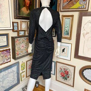 80s Vintage Milano Sexy Black Glitter Backless Cocktail Dress with Butt Ruching